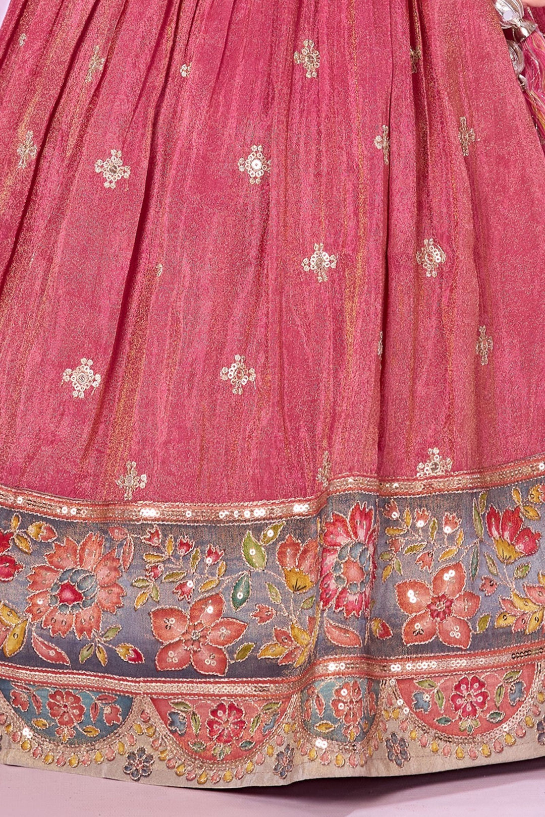 Pink Multicolor Embroidery, Stone and Beads work with Digital Print Lehenga Choli for Girls