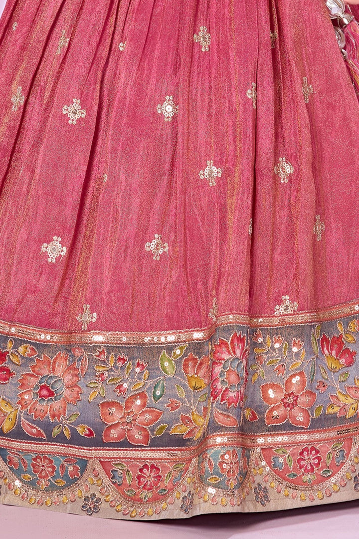 Pink Multicolor Embroidery, Stone and Beads work with Digital Print Lehenga Choli for Girls