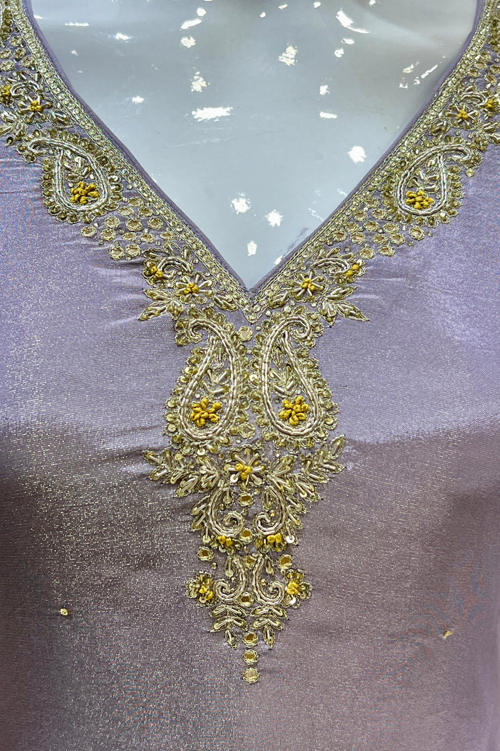 Lilac Banaras, Zardozi, Sequins, Beads and Zari work Straight Cut Salwar Suit