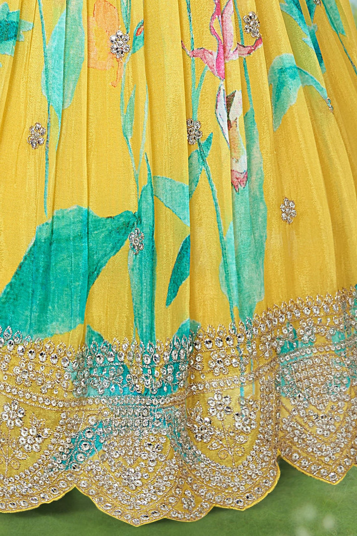 Yellow Stone, Sequins and Zari work with Digital Print Lehenga Choli for Girls