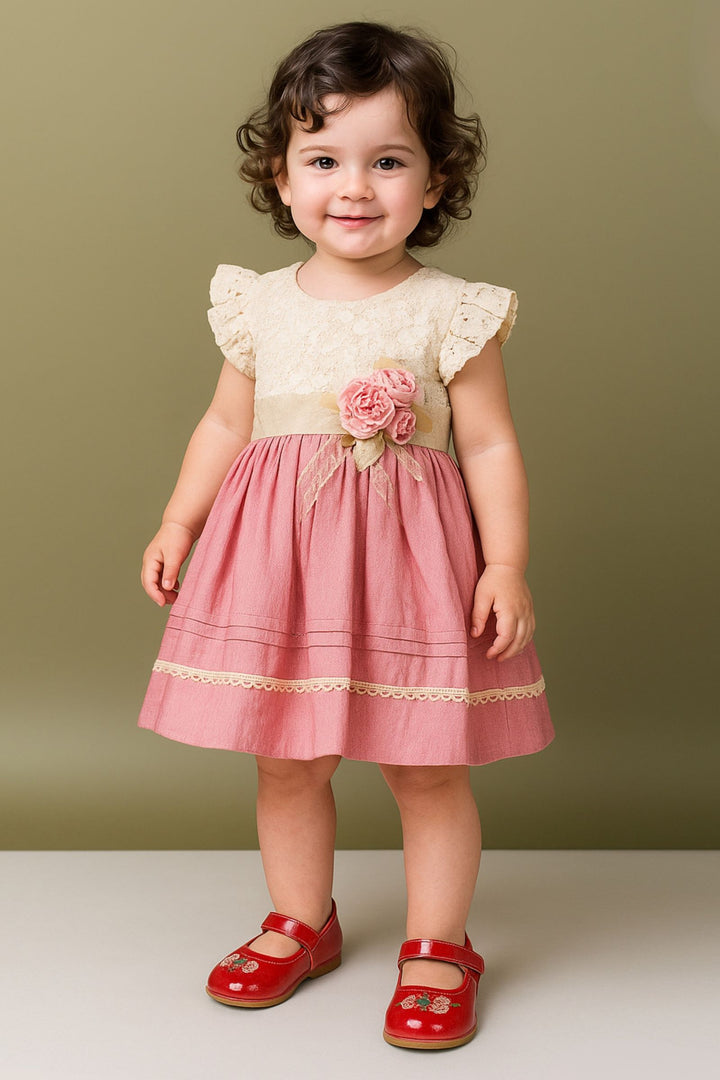 Cream with Peach Lace work Short Frock for Girls