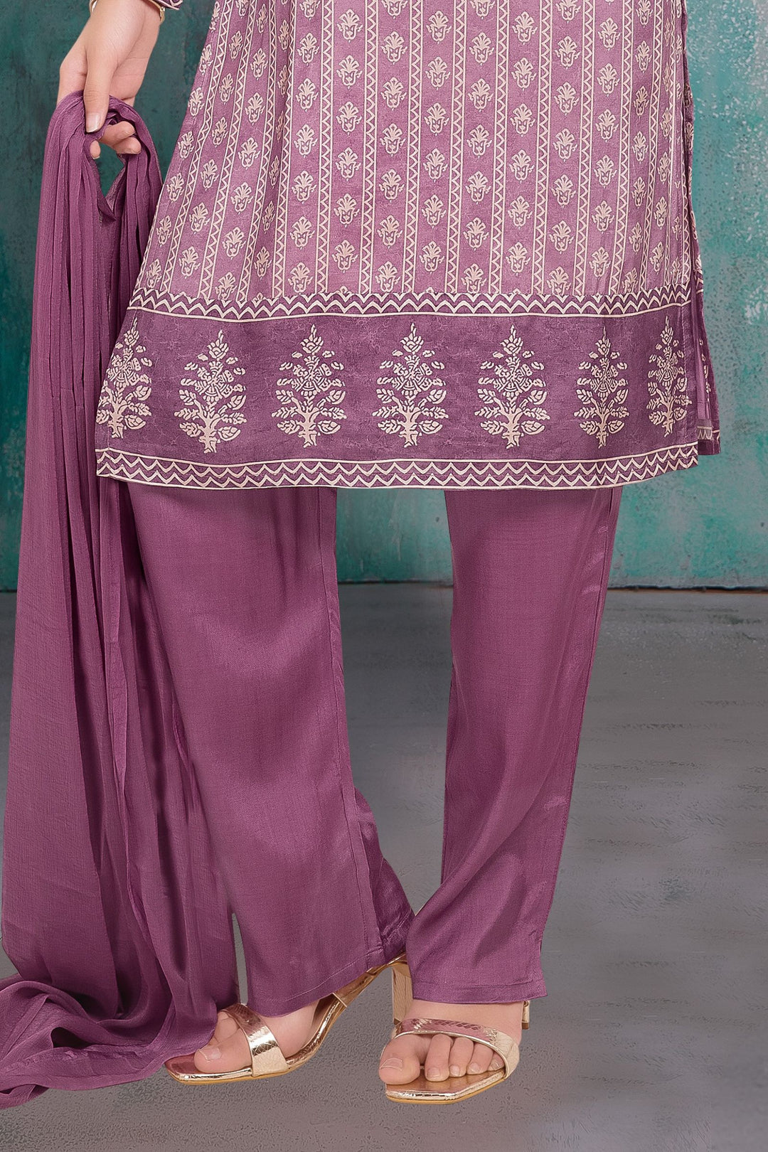 Purple Sequins and Beads work with Printed Straight Cut Salwar Suit for Girls