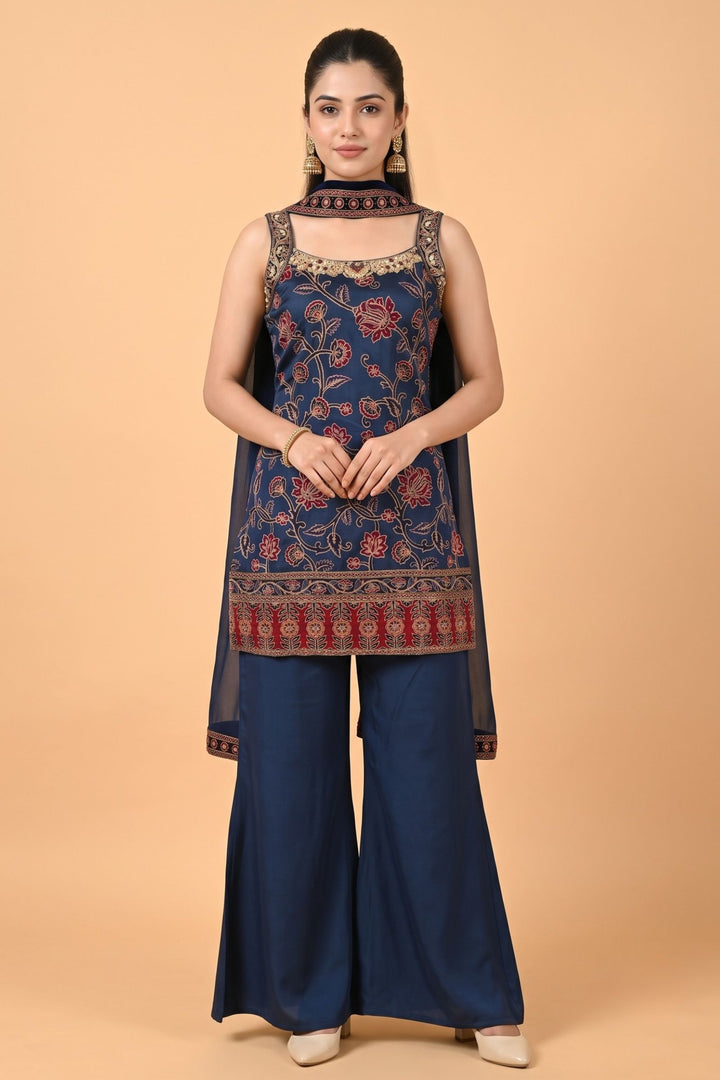 Navy Blue Zari, Zardozi, Sequins, Stone and Beads work with Floral Print Palazzo Salwar Suit
