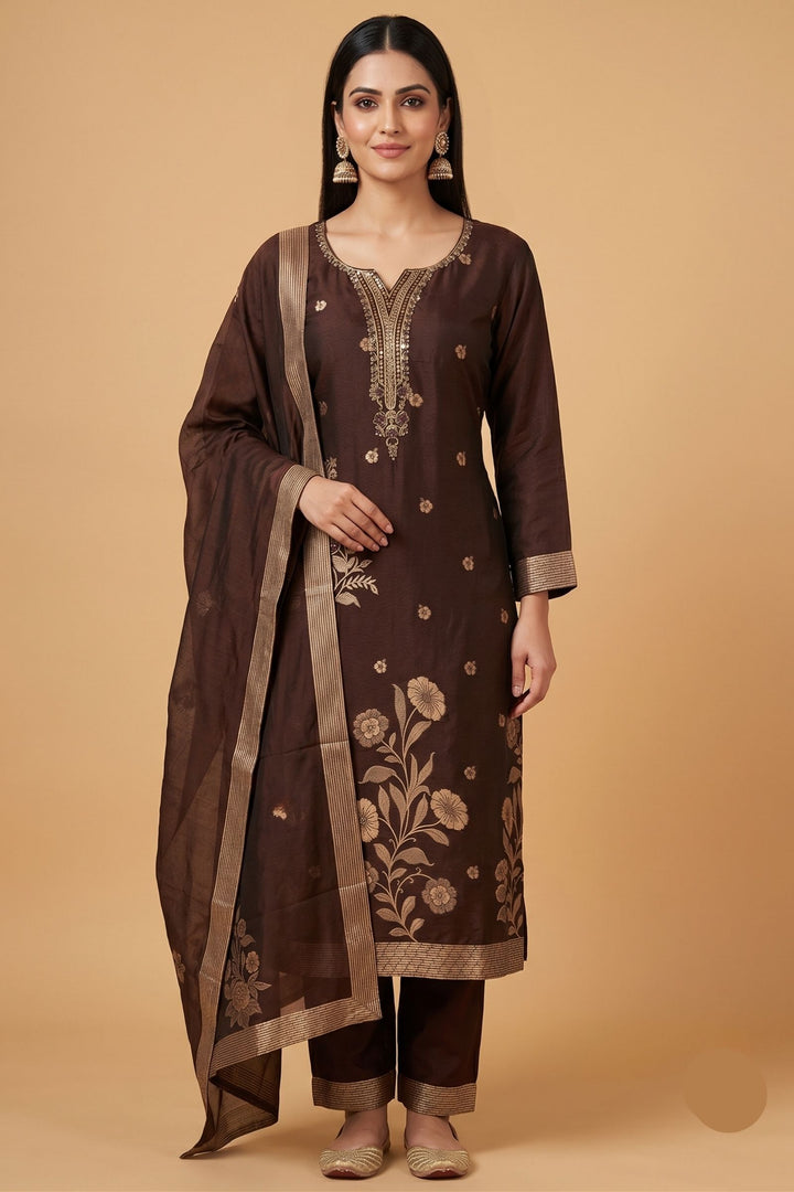 Brown Zardozi, Sequins, Beads and Banaras work Straight Cut Salwar Suit