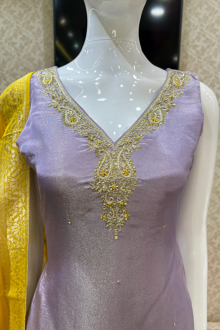 Lilac Banaras, Zardozi, Sequins, Beads and Zari work Straight Cut Salwar Suit