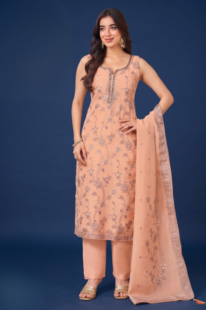 Peach Zari, Mirror, Zardozi, Sequins and Stone work Straight Cut Salwar Suit
