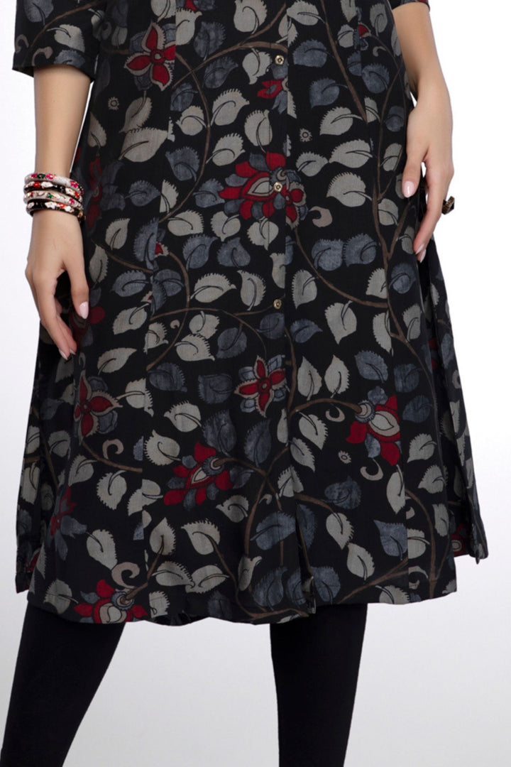Black with Multicolor Digital Print A-line Cut Calf Length Kurti