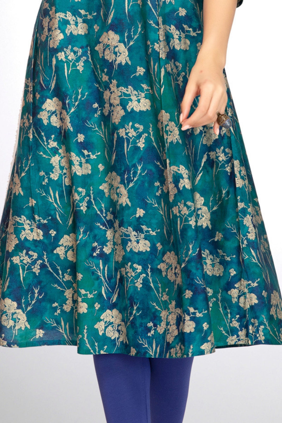 Rama Blue Thread work with Floral Print A-Line Cut Calf Length Kurti