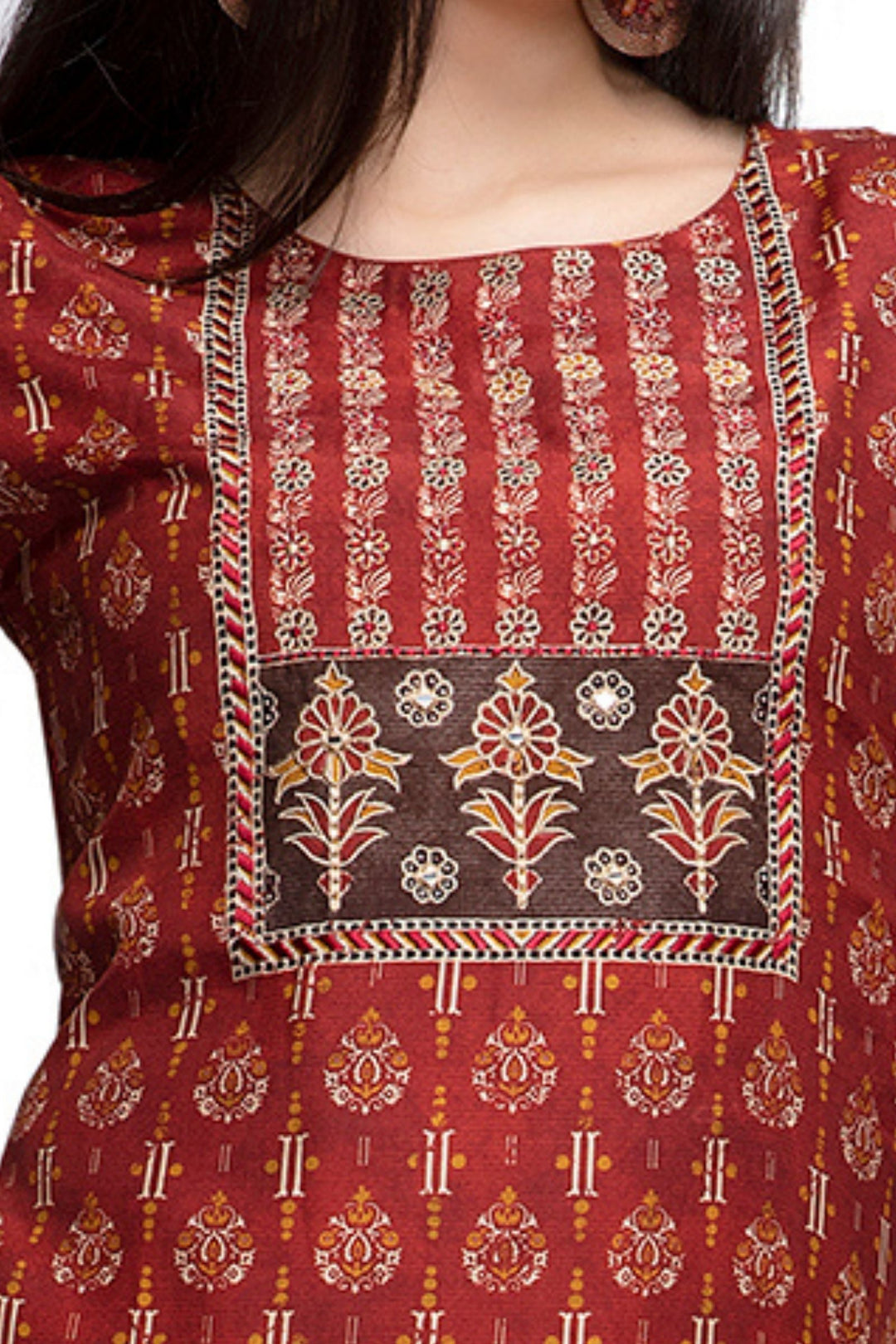 Brick Red with Coffee Brown Digital Print Calf Length Kurti