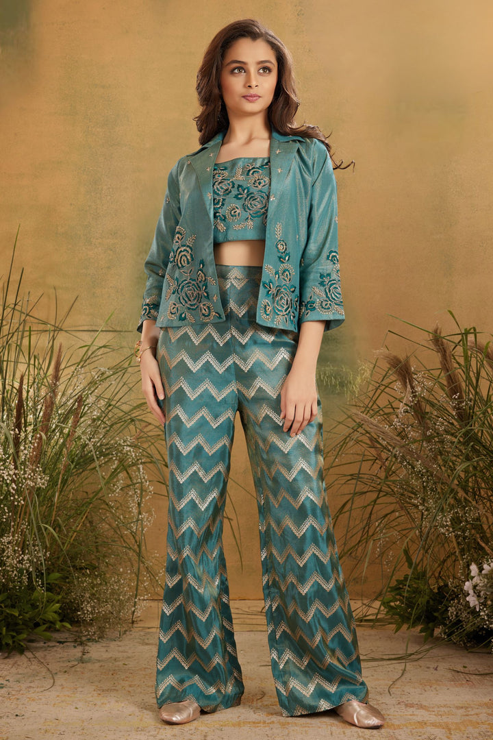 Sea Green Embroidery, Sequins, Zari and Beads work Jacket Styled Palazzo Set for Girls