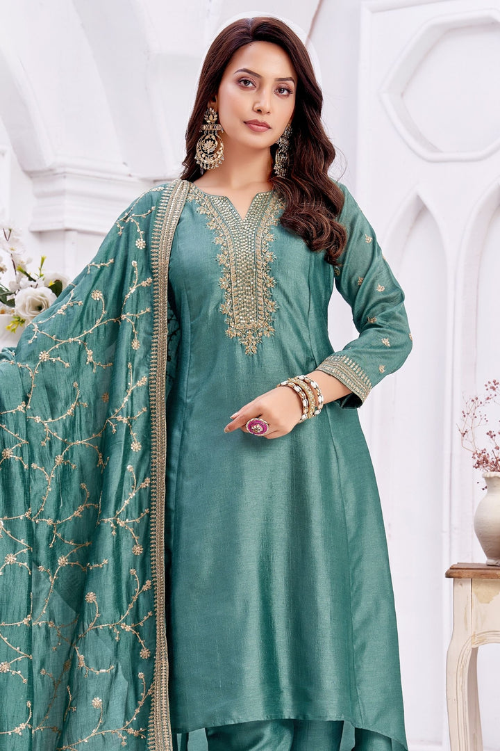 Sea Green Beads, Sequins, Mirror, Stone and Thread work A-line Cut Salwar Suit