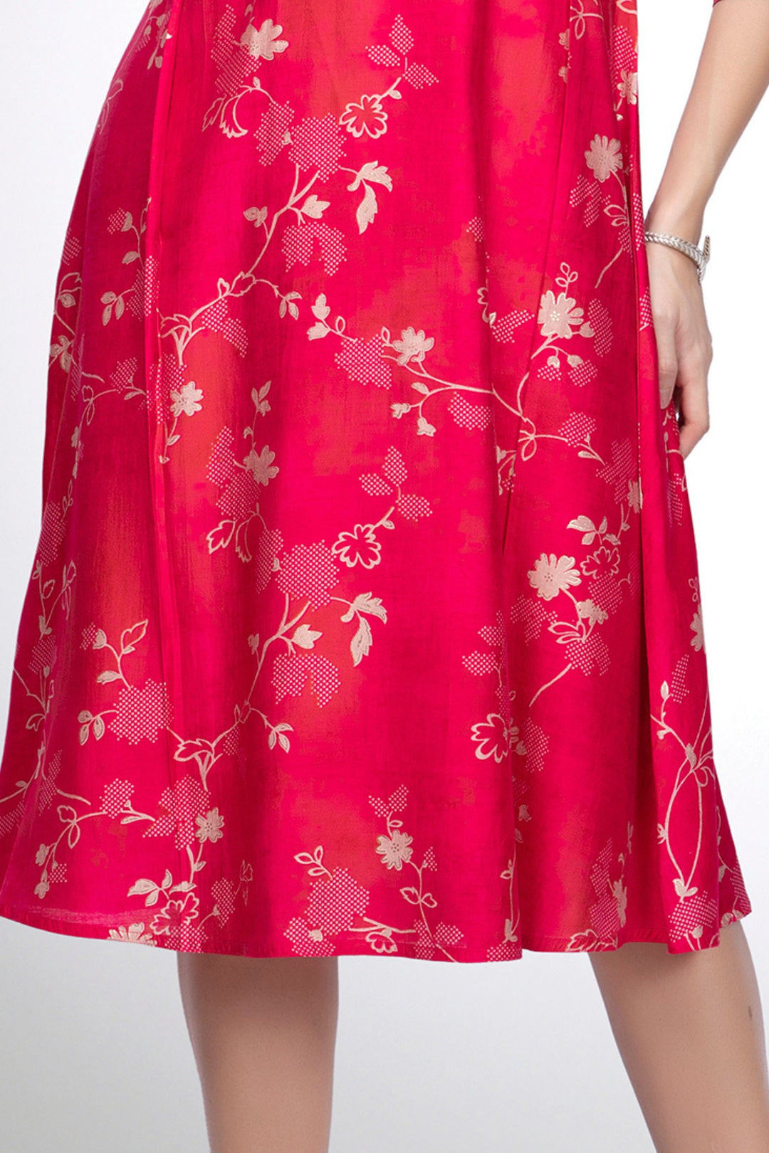 Rani Pink Embroidery work with Floral Print Calf Length Kurti
