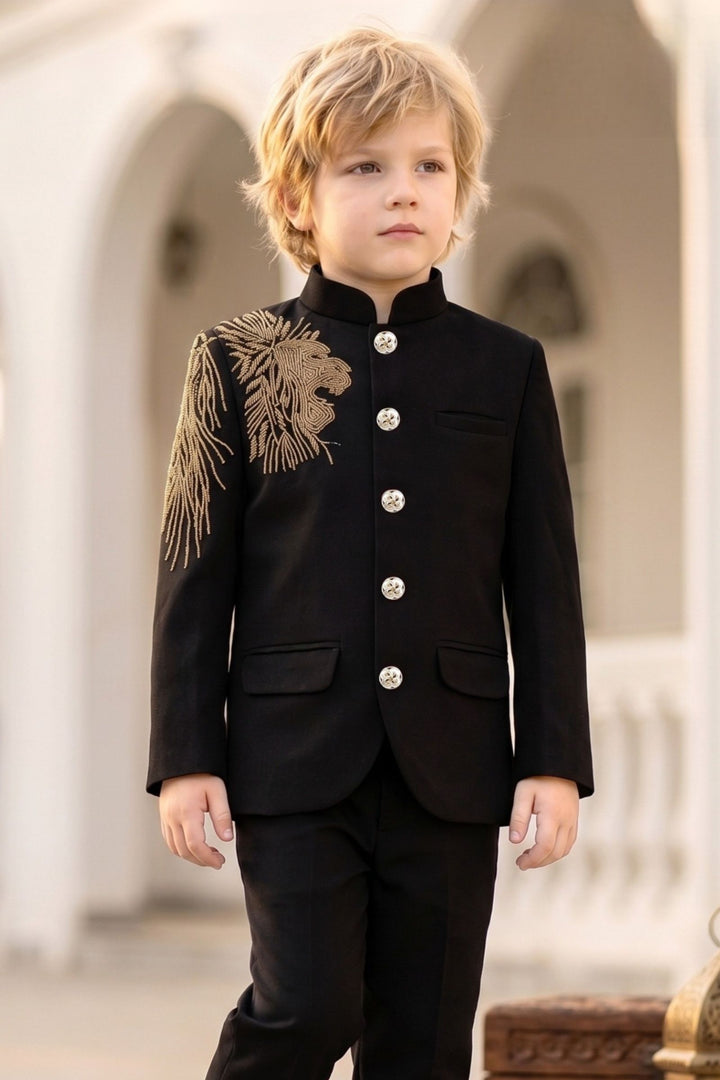Black Lion Beads Embroidered Shoulder Detail Jodhpuri Suit for Boys