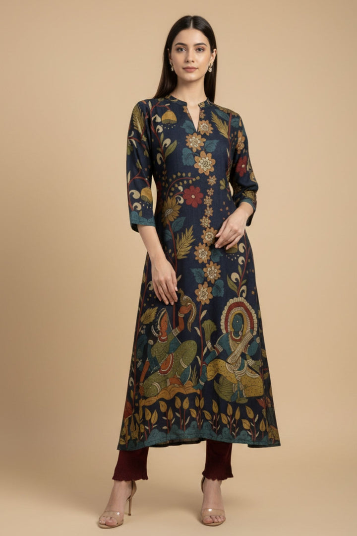 Navy Blue Beads work with Floral Print A-line Cut Calf Length Kurti
