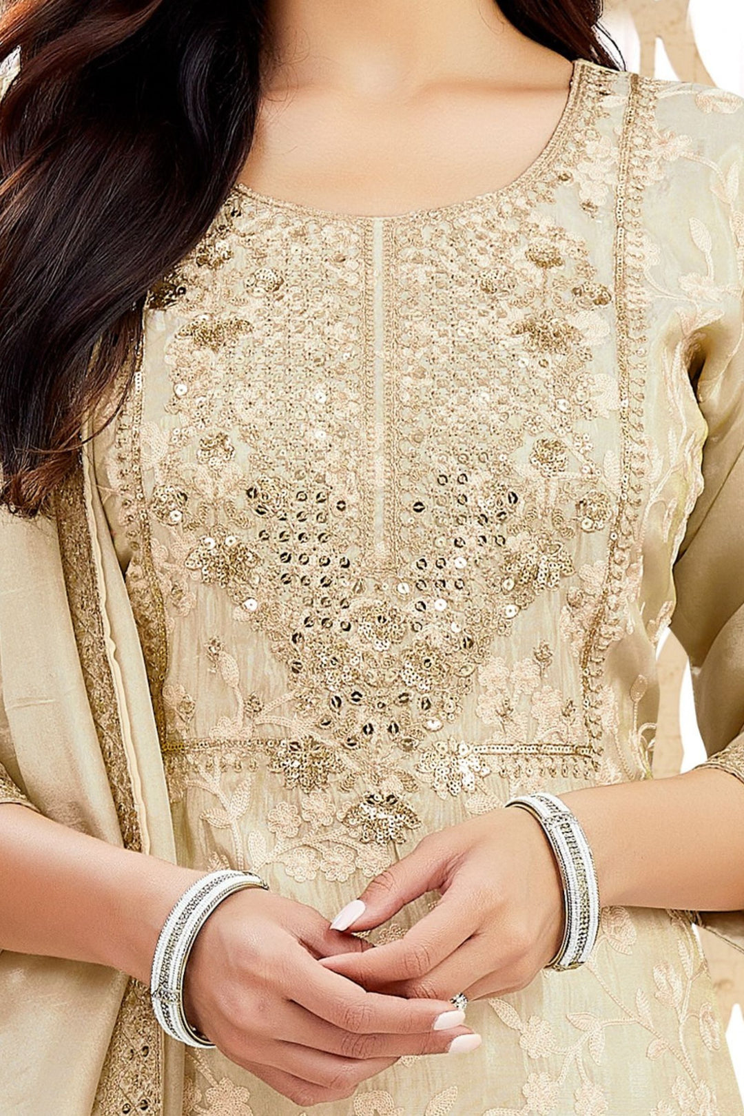 Cream Sequins, Thread and Zari work Straight Cut Salwar Suit
