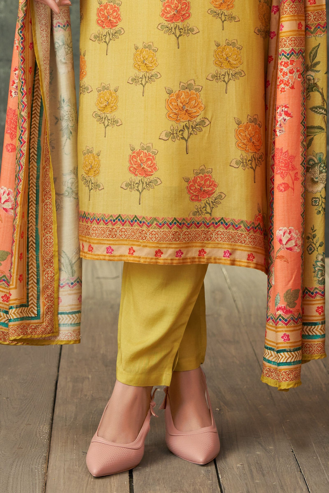 Yellow Mirror and Zari work with Floral Print Straight Cut Salwar Suit