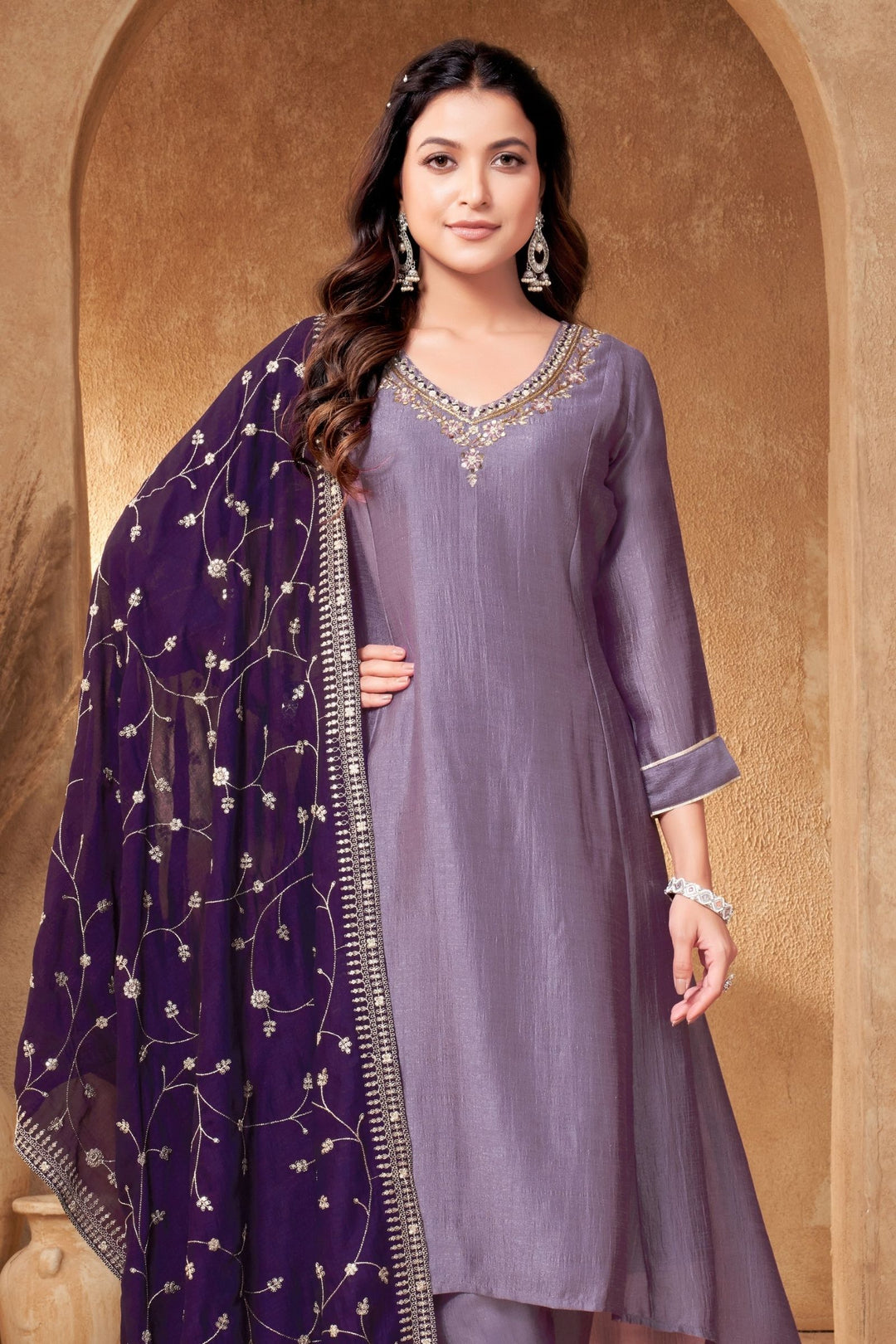 Lavender Zardozi, Mirror and Beads work A-line Cut Salwar Suit