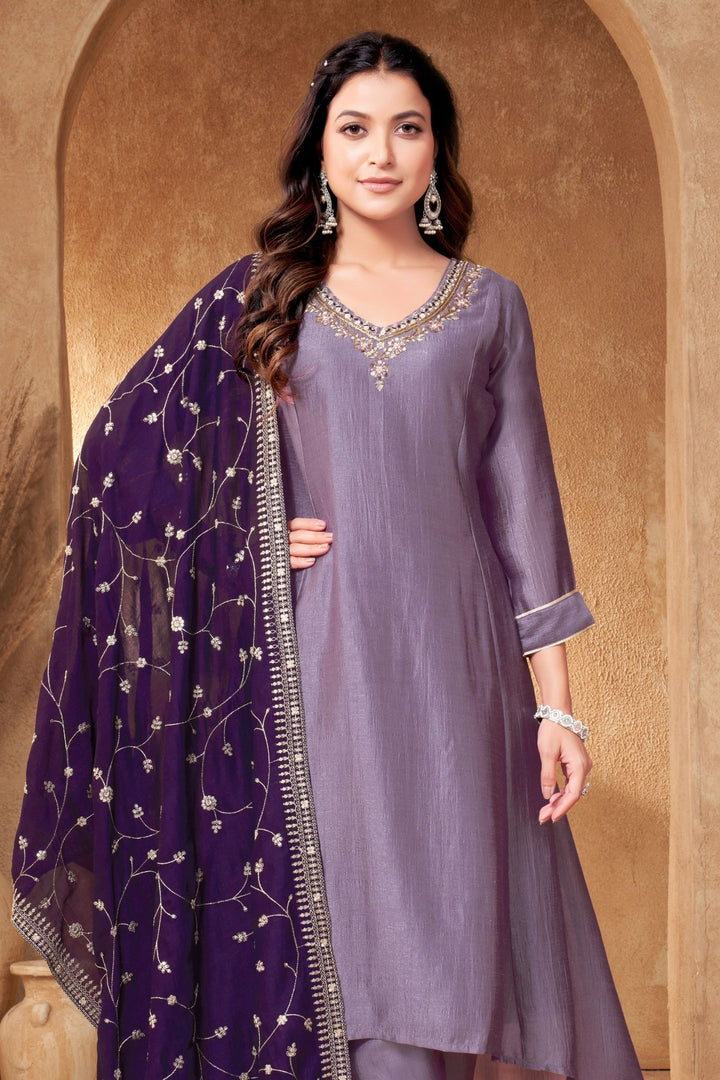 Lavender Zardozi, Mirror and Beads work A-line Cut Salwar Suit