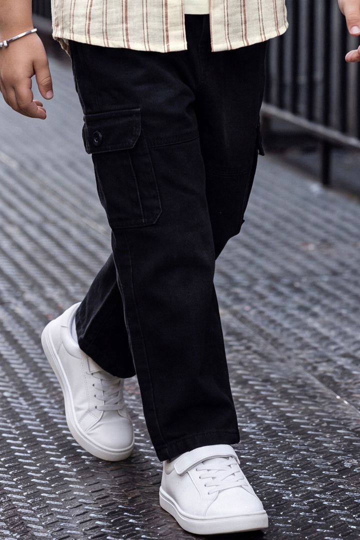 Cream Blazer, Printed T-Shirt and Black Pant Set for Boys