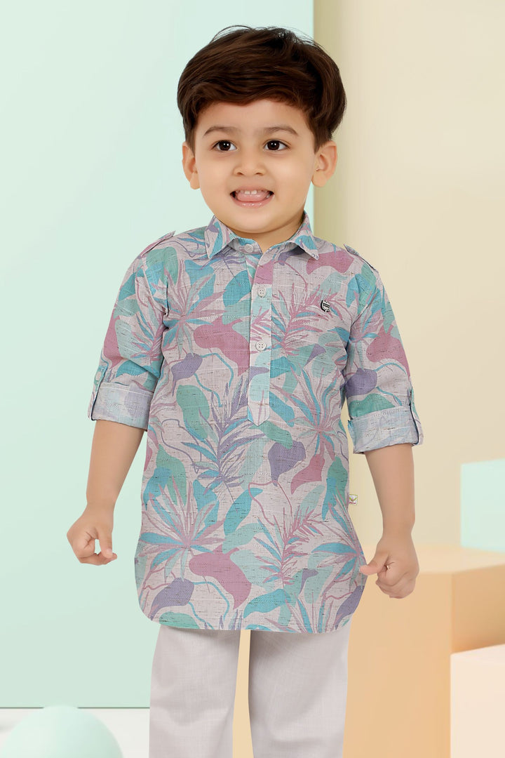 White with Multicolor Digital Print Kurta Set for Boys