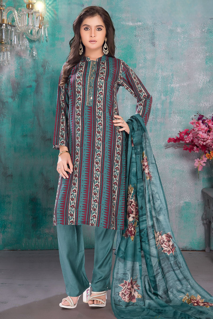 Peacock Green Beads and Mirror work with Printed Straight Cut Salwar Suit for Girls