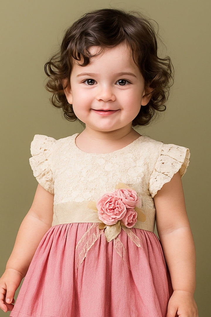Cream with Peach Lace work Short Frock for Girls