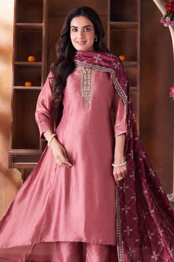 Rust Beads, Mirror, Zardozi, Zari and Sequins work A-line Cut Anarkali Styled Salwar Suit