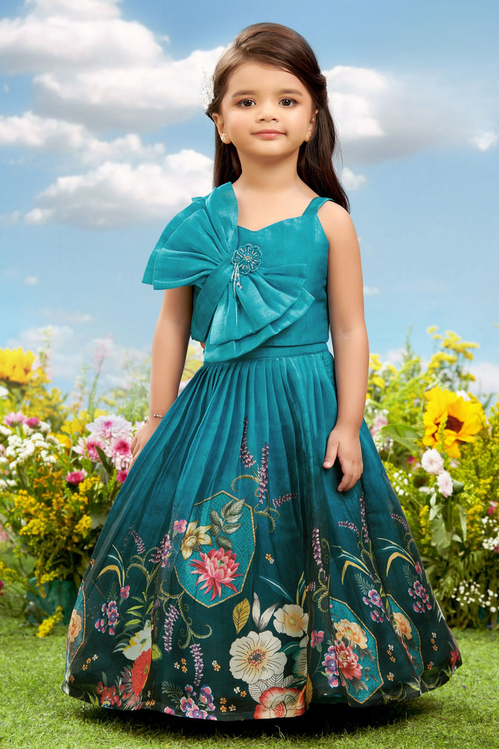 Blue Beads work with Floral Print Lehenga Choli for Girls