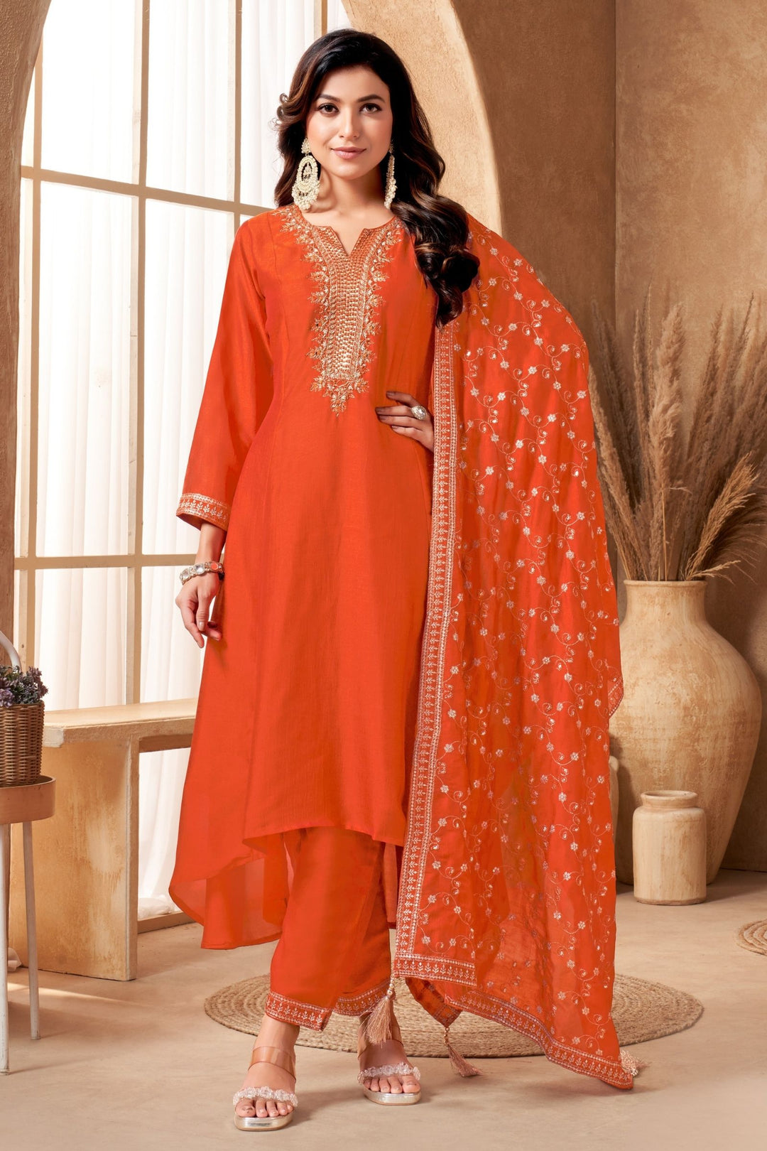 Orange Sequins, Beads, Mirror and Zari work A-line Cut Anarkali Styled Salwar Suit