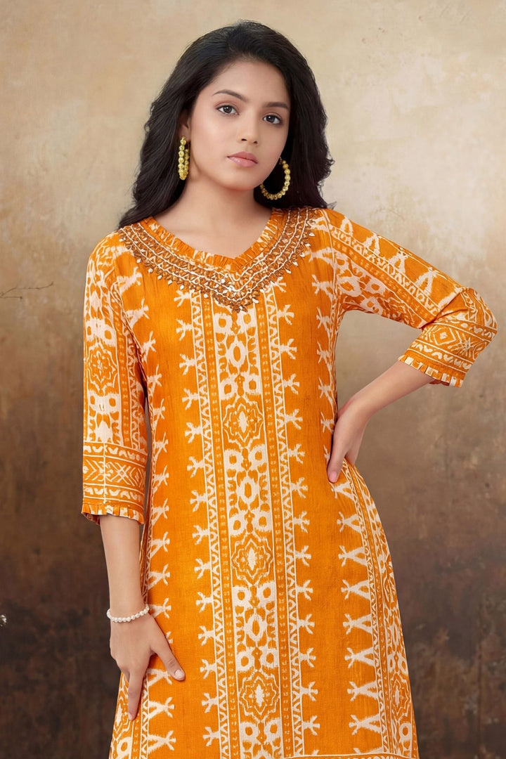 Yellow Mirror work with Digital Print Anarkali Styled Salwar Suit for Girls