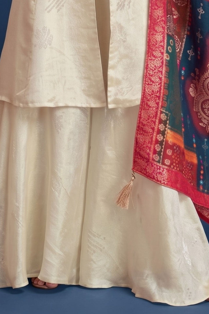 Cream Palazzo Salwar Suit with Jacquard, Zari, Beads and Stone Detailing