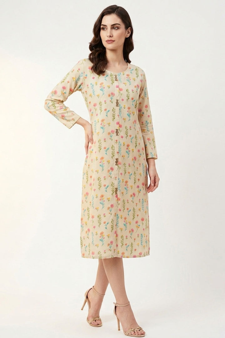 Cream Beads, Sequins and Thread work with Floral Print Calf Length Kurti