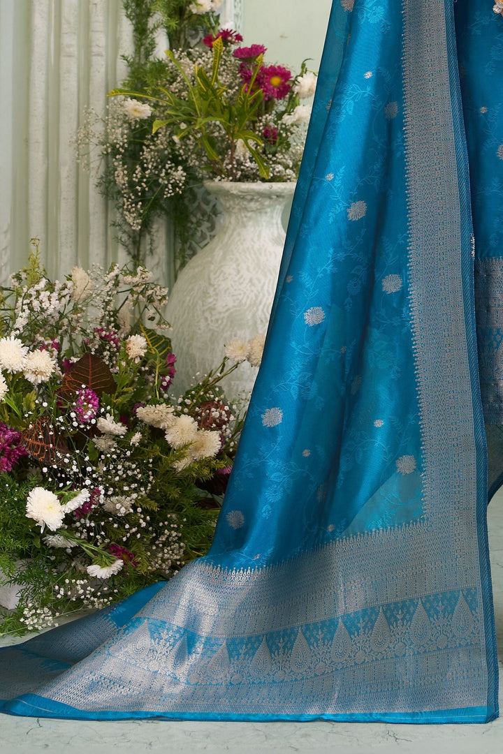 Teal Blue Jacquard, Zardozi, Beads, Stone, Mirror and Banaras work Straight Cut Salwar Suit