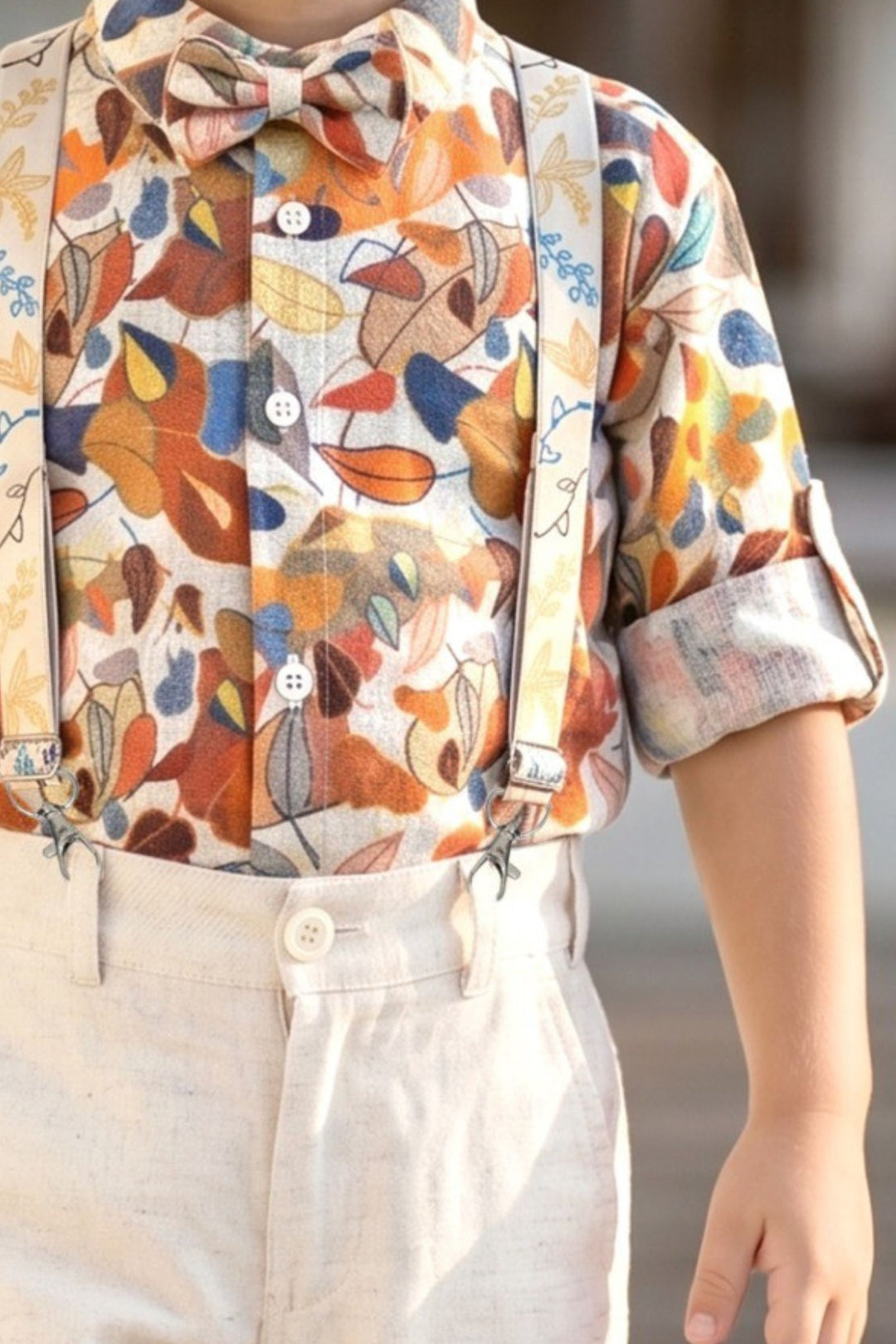 Half White Multicolor Digital Print Suspender Style Pant Shirt Set for Boys