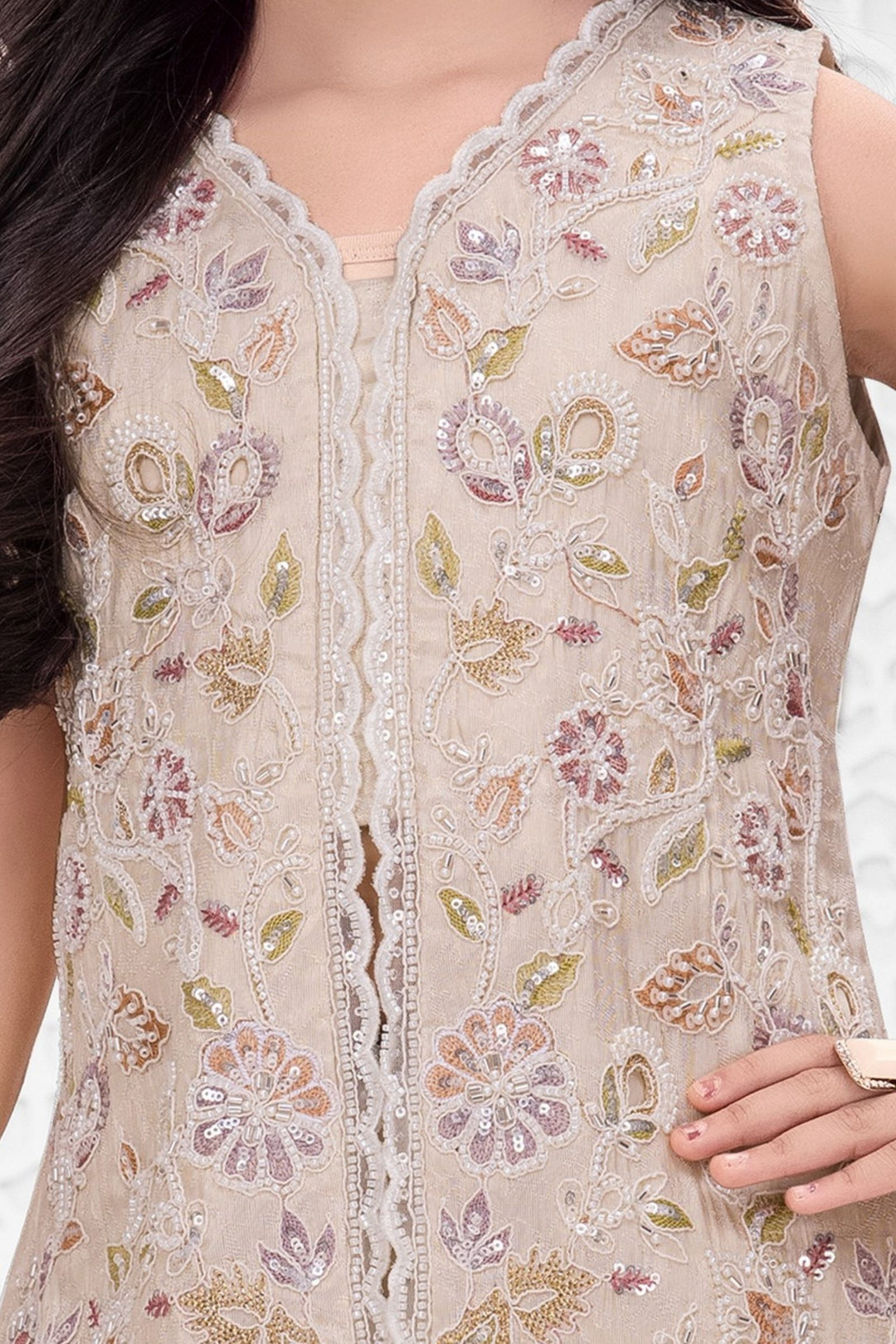 Cream Sequins, Beads, Zari and Multicolor Thread work Palazzo Suit Set for Girls