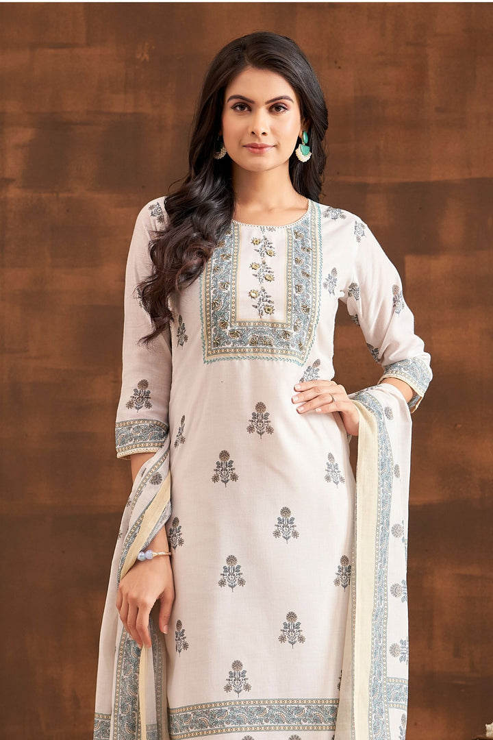 Cream Beads and Thread work with Digital Print Straight Cut Salwar Suit