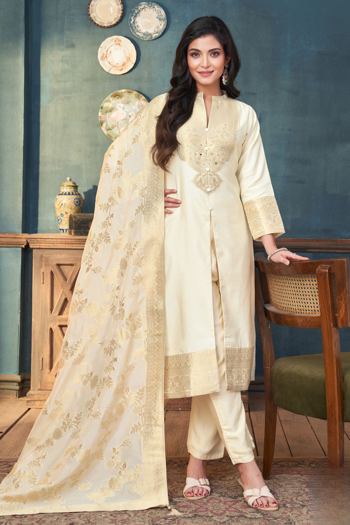 Cream Straight Cut Salwar Suit with Stone, Mirror and Banaras work