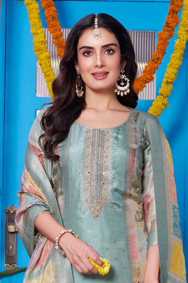 Sea Green Banaras, Zardozi and Mirror work with Bandini Print Straight Cut Salwar Suit