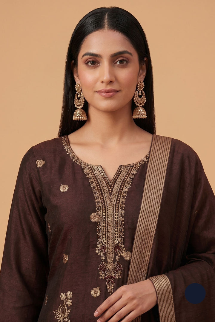 Brown Zardozi, Sequins, Beads and Banaras work Straight Cut Salwar Suit
