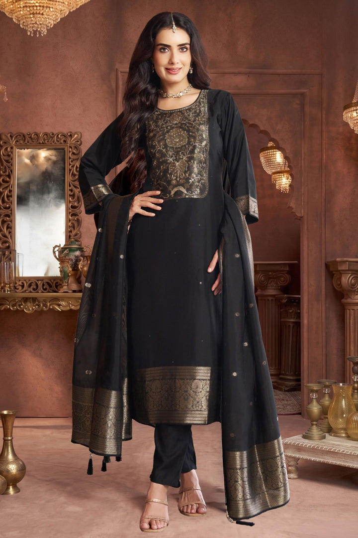 Black Banaras, Beads and Zardozi work Straight Cut Salwar Suit