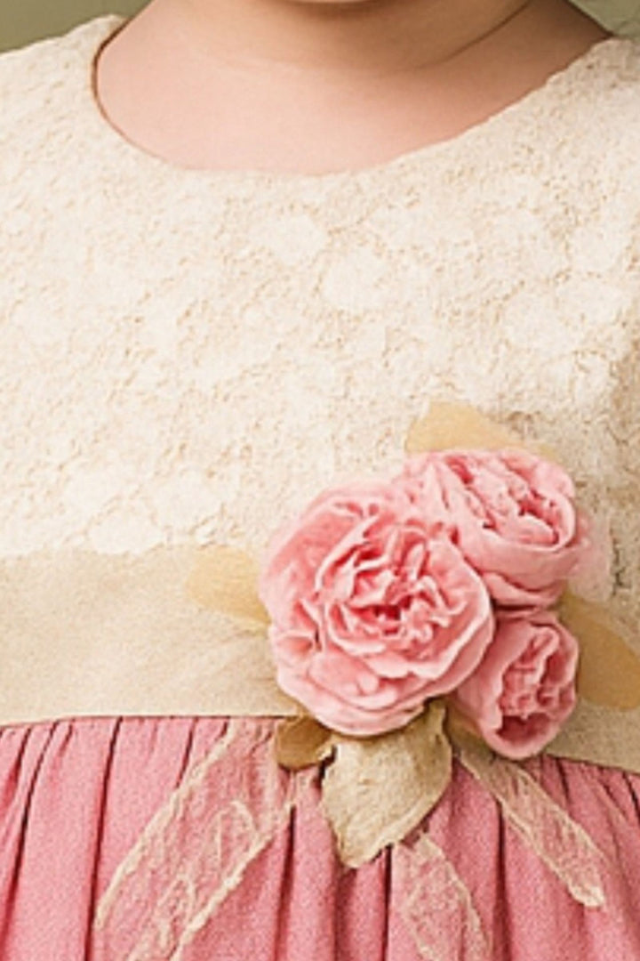Cream with Peach Lace work Short Frock for Girls