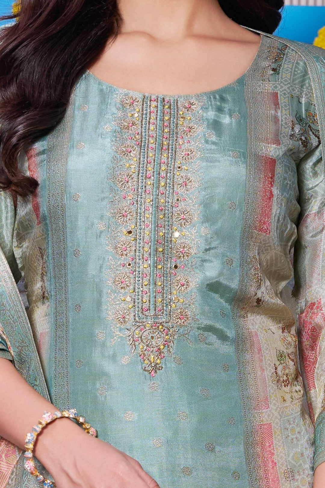 Sea Green Banaras, Zardozi and Mirror work with Bandini Print Straight Cut Salwar Suit