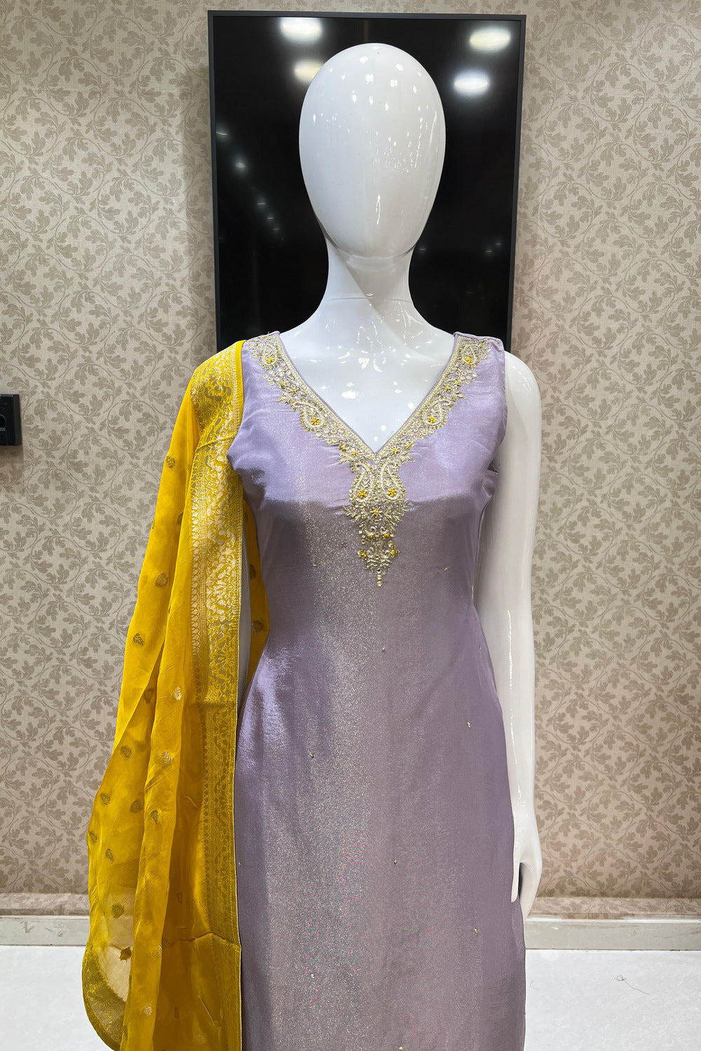 Lilac Banaras, Zardozi, Sequins, Beads and Zari work Straight Cut Salwar Suit