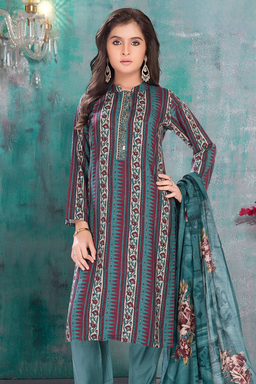 Peacock Green Beads and Mirror work with Printed Straight Cut Salwar Suit for Girls