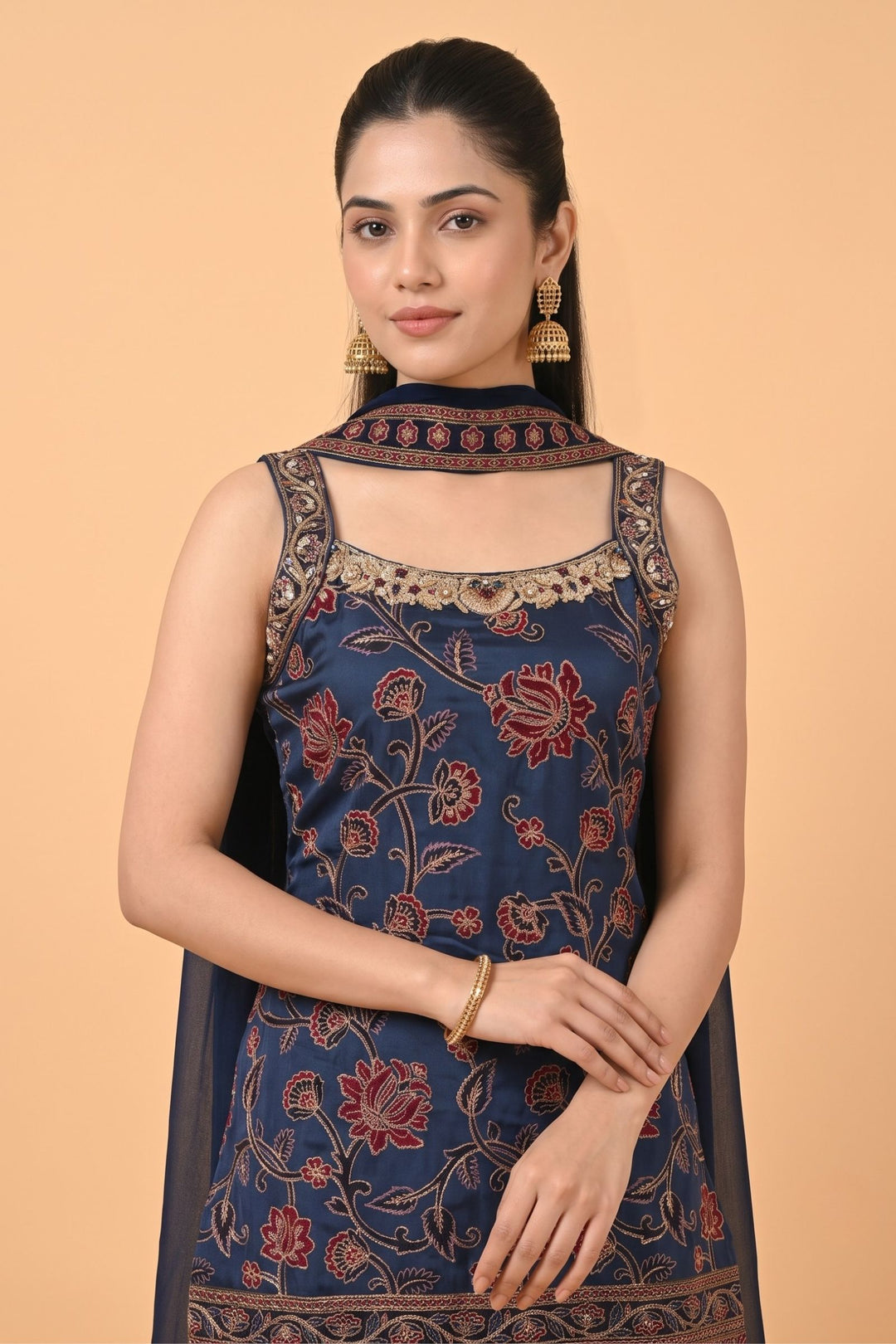 Navy Blue Zari, Zardozi, Sequins, Stone and Beads work with Floral Print Palazzo Salwar Suit