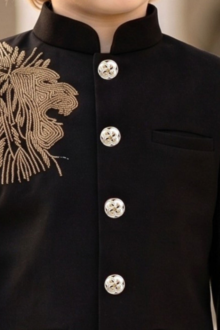 Black Lion Beads Embroidered Shoulder Detail Jodhpuri Suit for Boys