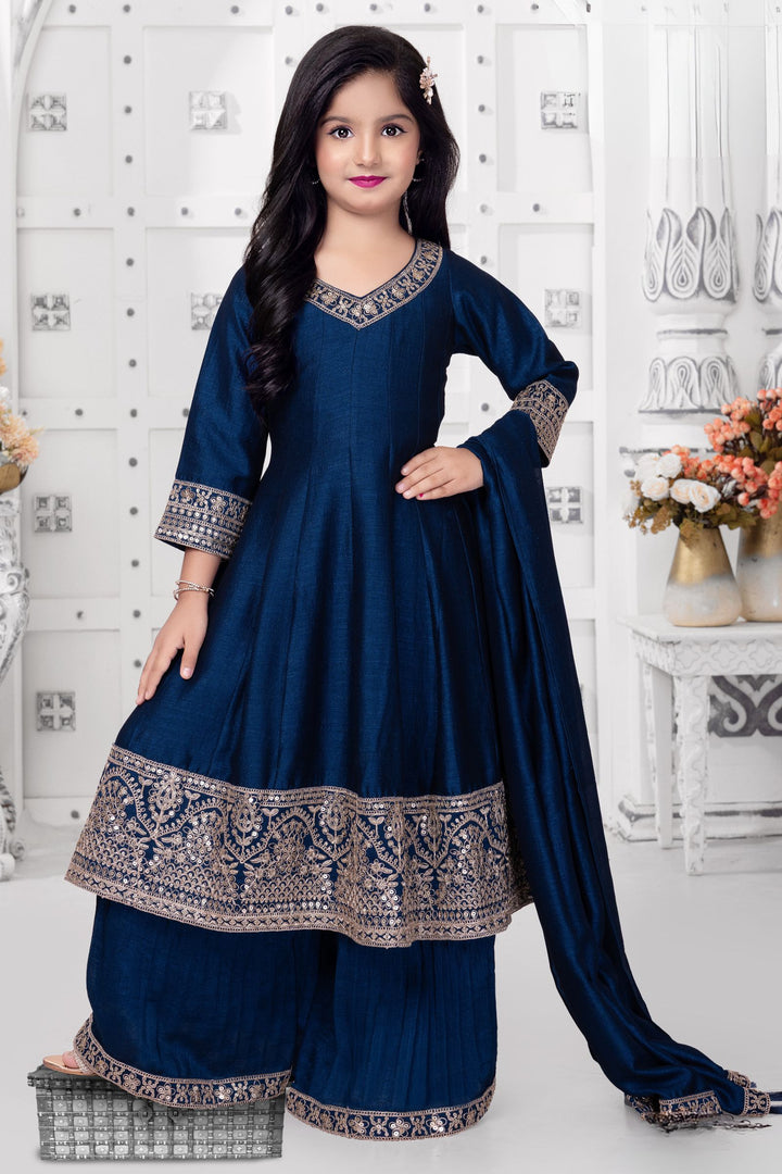 Teal Blue Zari Thread and Sequins work Anarkali Style Palazzo Suit for Girls