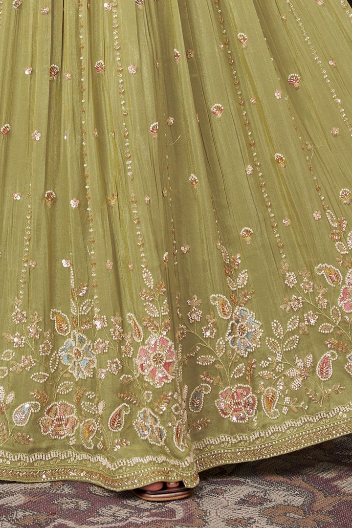 Pista Green Sequins, Beads and Multicolor Thread work Crop Top Lehenga