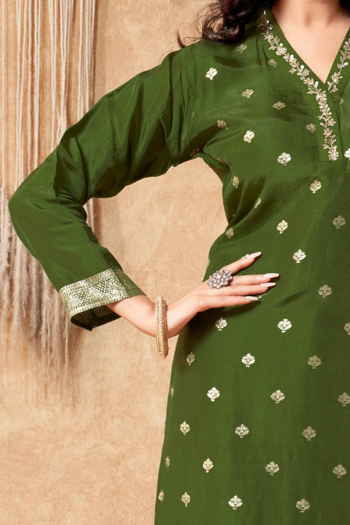 Green Banaras, Zardozi, Beads and Sequins work Straight Cut Salwar Suit