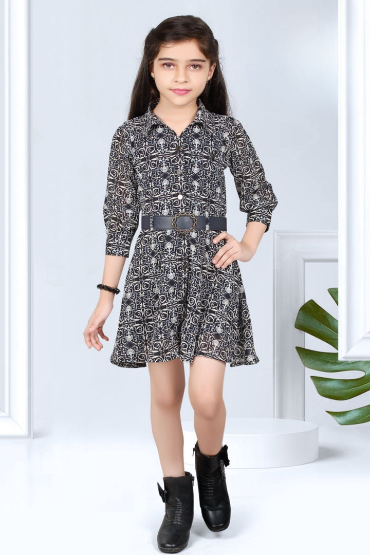 Navy Blue Digital Print  Short Frock for Girls with Belt